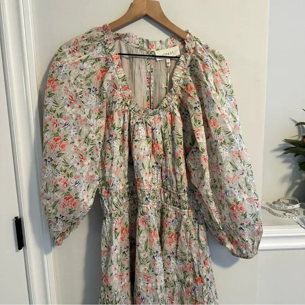 NWT THE GREAT. Floral Gray Pink Cotton Maxi Dress Large 3 - Picture 7 of 12